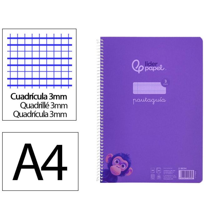 Cuaderno Espiral Liderpapel Din A4 Pautaguia Tapa Plastico 80H 90 gr Cuadro Pautado 3 mm Con Margen Color Lila 4 unidades