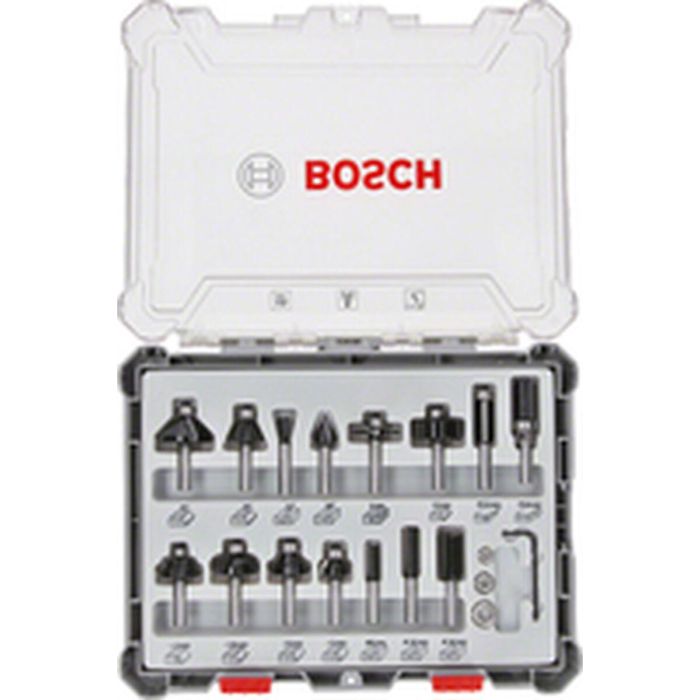 Bosch 2 607 017 471 Juego de Fresas Mixtas 6mm Vástago – 15 Piezas con Diámetros Variados y Estuche de Transporte 14