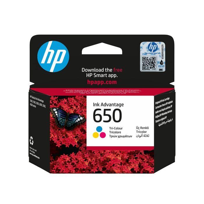 HP 650 Cartucho de Tinta Original Tricolor para Impresoras HP. Imprime documentos y gráficos a color vívido con calidad, bajo coste y hasta 70% contenido reciclado.
