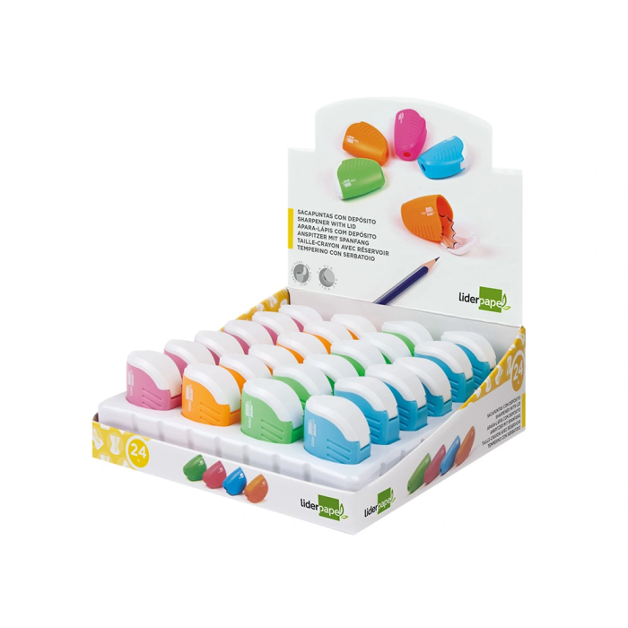 Liderpapel Sacapuntas Plástico de 1 Uso con Depósito, Colores Surtidos 3 Liderpapel Sacapuntas Plástico de 1 Uso con Depósito, Colores Surtidos 3