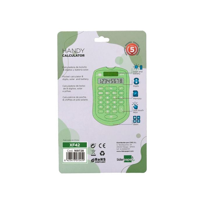 Calculadora Liderpapel Bolsillo Xf42 8 Digitos Solar Y Pilas Color Verde 94x59,5x10,5 mm 5