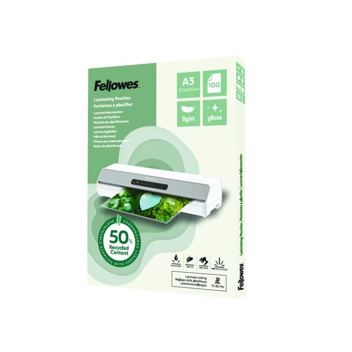 Fellowes 100142988 Pack 100 Fundas Plastificar Recicladas Brillo A3 80 Micras