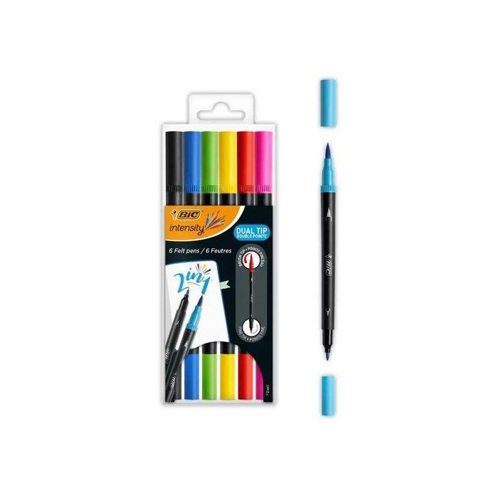 Bic Rotuladores Intensity Tip Felt Punta Fina-Pincel, 10 Colores Brillantes, Blíster 6 Unidades