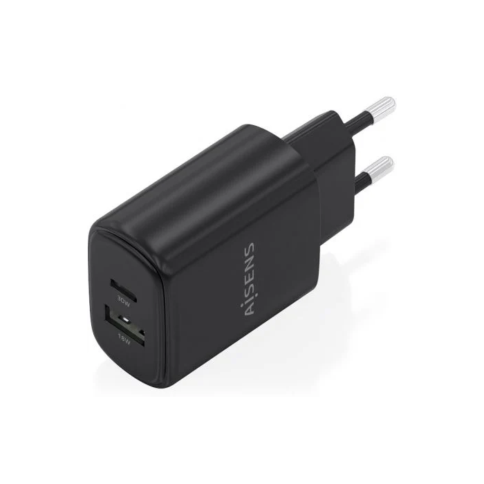 Aisens Cargador de Pared GaN A110-0978 30W 1xUSB Tipo-C PD QC4.0 1xUSB-A QC3.0 Negro 1