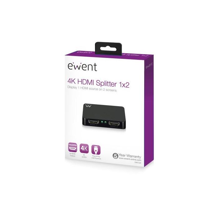 Ewent Divisor 4K HDMI 1x2 EW3720 - Compatible con 3D, 3840x2160 a 30Hz, HDCP 1.4, Plug and Play 3