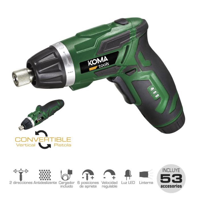 Koma Tools 3v-ar53 Atornillador a Batería Reversible 3.6V Litio-Ion 1300 mAh, 53 Accesorios, Mango Doble Posición, Par 3 Nm, Luz LED 0 Koma Tools 3v-ar53 Atornillador a Batería Reversible 3.6V Litio-Ion 1300 mAh, 53 Accesorios, Mango Doble Posición, Par 3 Nm, Luz LED 0