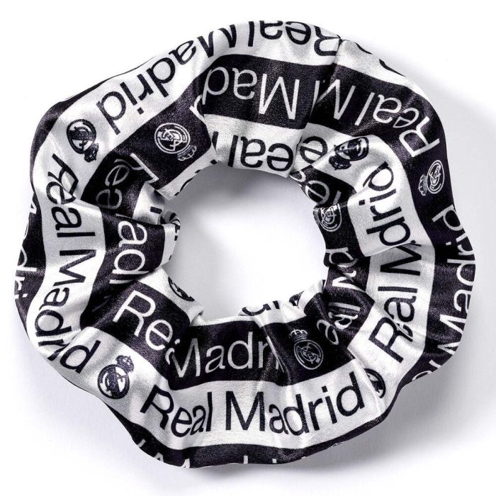 REAL MADRID Coletero para pelo oficial – Diseño escudo y nombre blanco y negro – 100% Poliéster – Accesorio deportivo o de moda