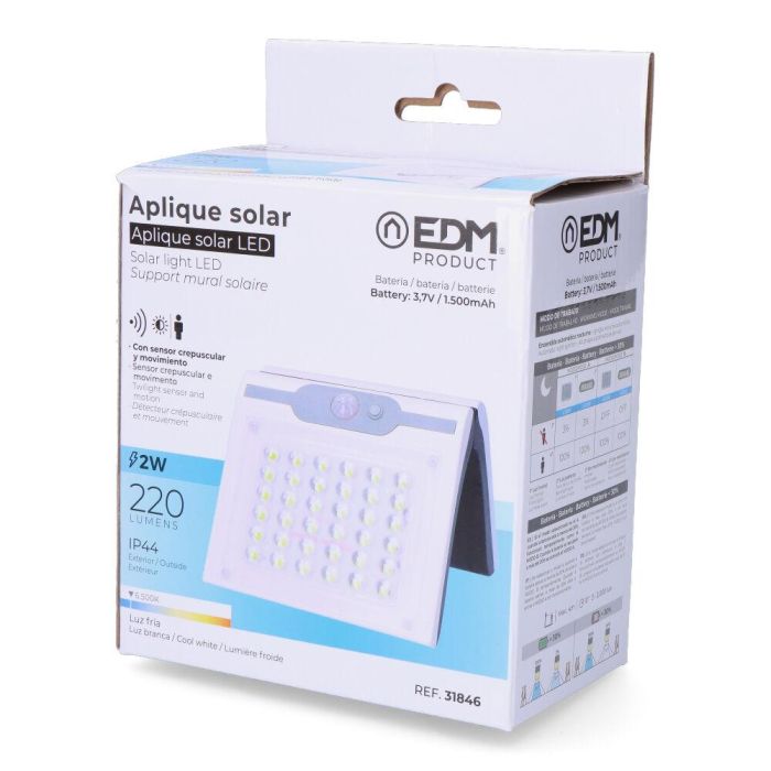 Edm Aplique Solar 2W 220lm 6.500k con Sensor Blanco 4