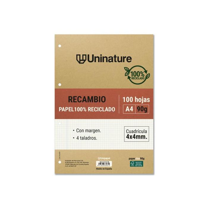 Recambio Reciclado A4 100 Hojas 90Gr Cuadricula 4X4 Mm con Taladros Uninature 53392700