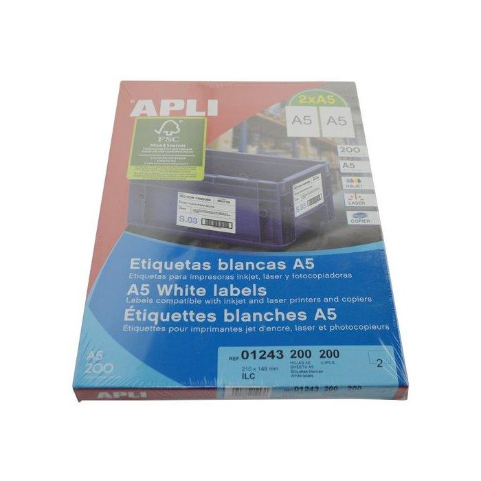Apli Etiquetas Adhesivas Blancas 210x148 mm A5, Compatibles con Inkjet y Láser, Pack de 200 Hojas