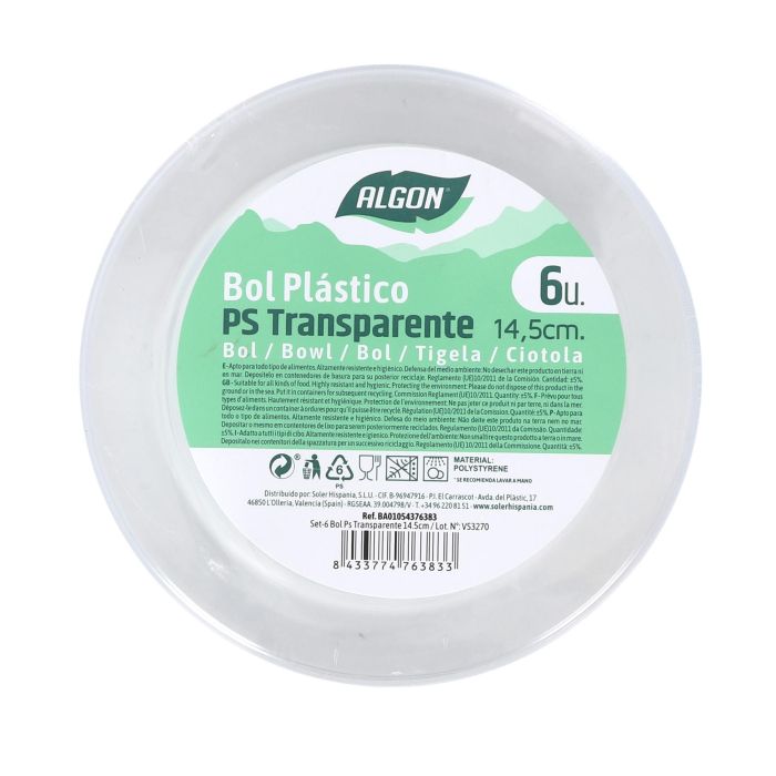 Algon Set 6 Bol Plástico Transparente 14.5 cm (24 Unidades) 1