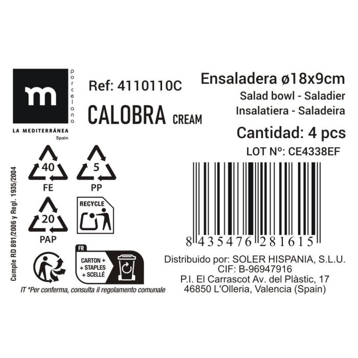 La Mediterranea Ensaladera Calobra Crema Ø18x9 cm (16 Unidades)