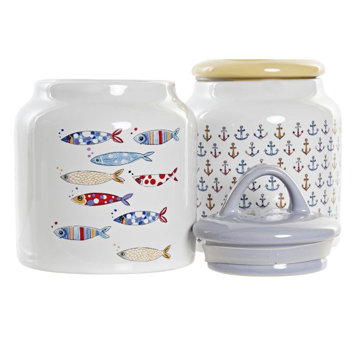 DKD Home Decor Bote de Gres Colección Costa Peces Mediterráneo Multicolor Blanco 11x11x16 cm, apto microondas y lavavajillas (4 Uds.) 1 DKD Home Decor Bote de Gres Colección Costa Peces Mediterráneo Multicolor Blanco 11x11x16 cm, apto microondas y lavavajillas (4 Uds.) 1