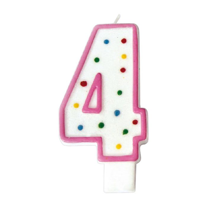 Party Time Vela Aniversario Numeral Cifra 4, 14 cm, Colores Surtidos, Decorada Círculos y Ribete, con Pincho para Tarta