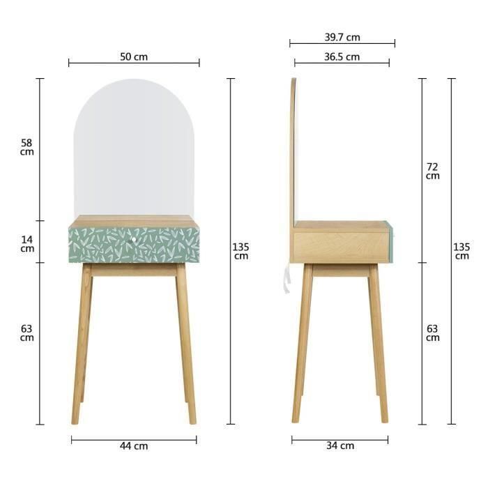 Tose de tocador 1 cajón 1 espejo - decoración de chene y verde - pies de madera maciza - l 50 x d 40 x h 135 cm - Gardenia 3