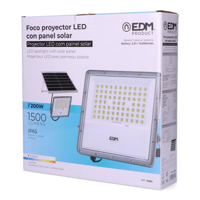 Foco proyector led solar 200w 1500lm 6500k luz fria ip65 edm 4