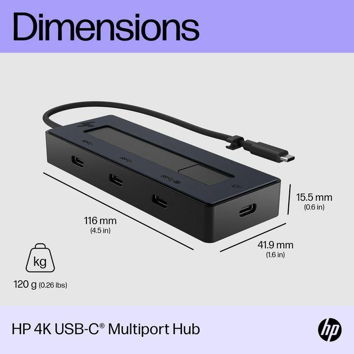 HP Concentrador USB Tipo-C 6G843AA | 3xUSB Tipo-C y 1xUSB Tipo-C PD 65W | 2x10Gbps | Multipuerto para Carga y Pantalla 4K | Compatible con Múltiples SO