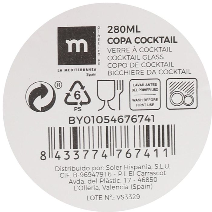 La Mediterranea Copa Cocktail 280 ml. Medidas: 16,8 cm Alto, 11,8 cm Ancho y 11,8 cm Largo. (24 Unidades) 4