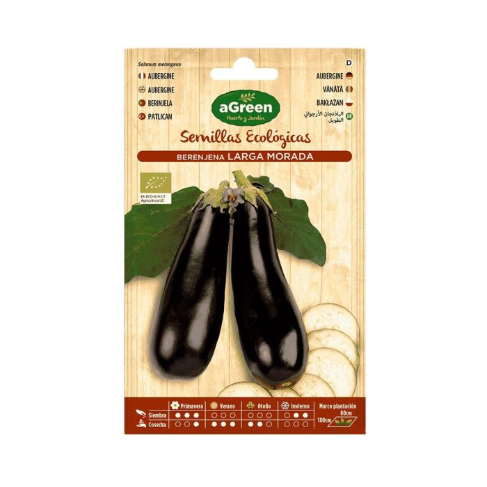 Agreen Sobre con semillas eco de berenjena larga morada, variedad rústica y productiva, frutos alargados 20-30cm