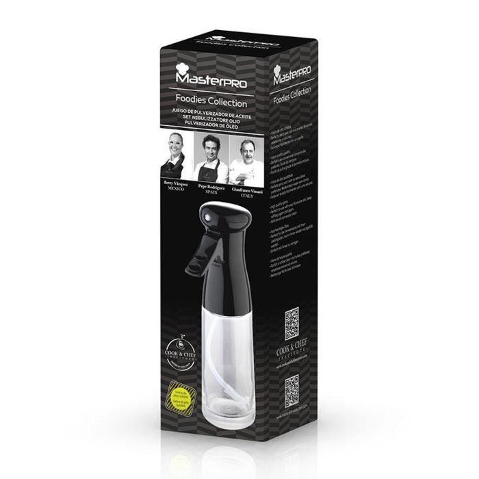Masterpro Set 3 Piezas Botella Aceite en Spray 200ml, Cepillo 20x5cm y Embudo Silicona Negro/Transparente 1