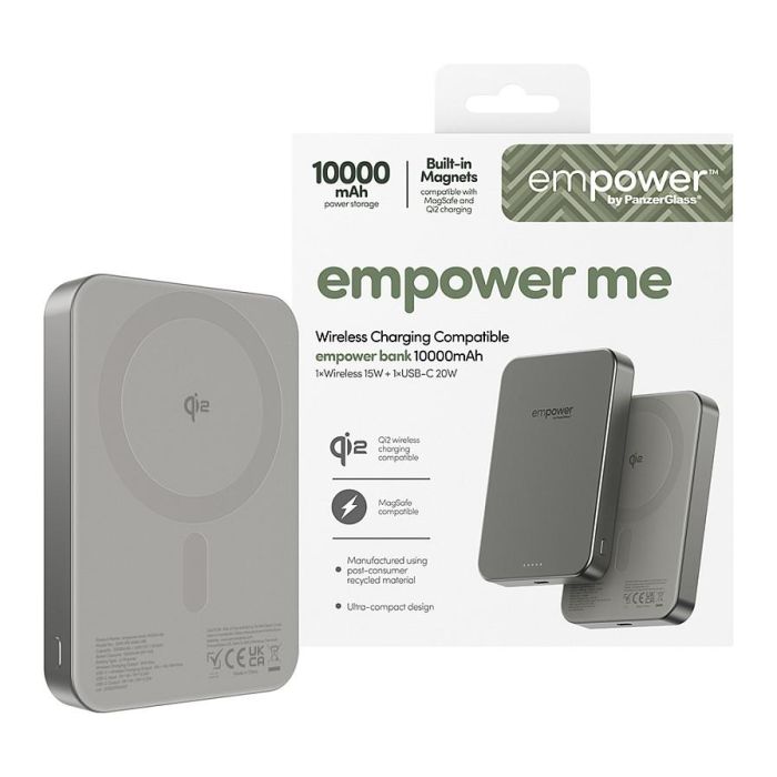 PanzerGlass Empower Bank Cargador Portátil 10000mAh con Carga Inalámbrica 15W y Rápida 20W, USB-C, Color Titanio, Aluminio Reciclado, 70 x 102 x 14.3 mm 1