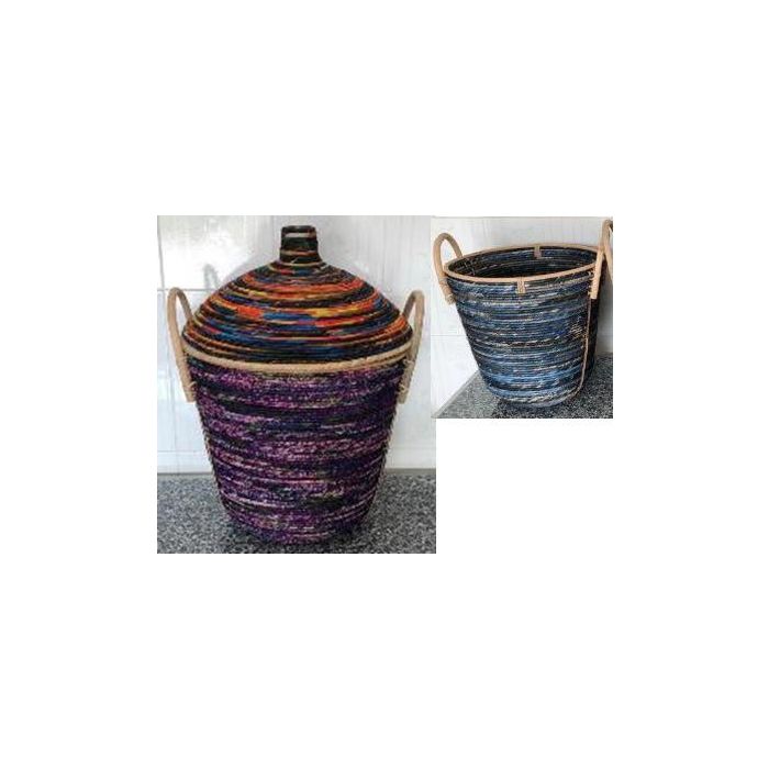 DKD Home Decor Cesta Decorativa Boho de Almacenaje Ratán Azul Negro | Set 3 Piezas | 51 cm Ancho x 51 cm Largo x 65 cm Alto