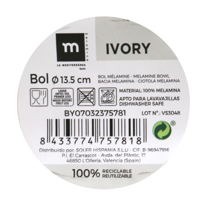 Bol de melamina Ivory 13.5 cm - La Mediterranea (24 Unidades) 1 Bol de melamina Ivory 13.5 cm - La Mediterranea (24 Unidades) 1