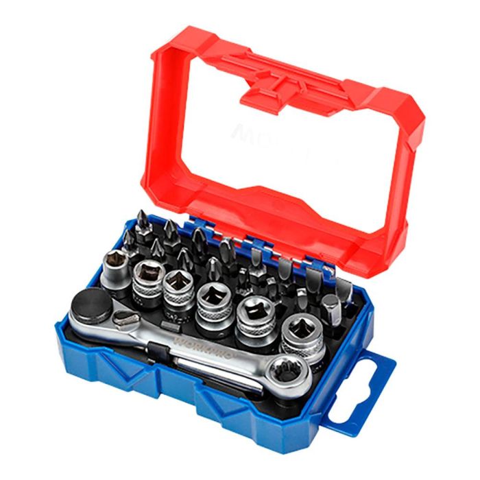 Workpro Mini Carraca 1/4" Juego con 32 Puntas Incluye Microtornillador y Barra de Extensión