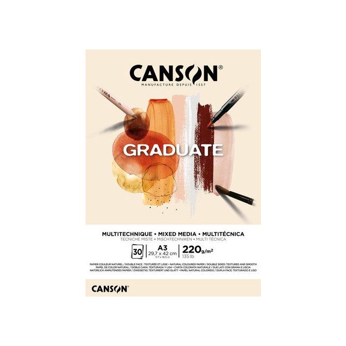 Bloc De Dibujo Canson Graduate Mix Media Encolado Natural Doble Cara A3 220G 30H 5 unidades