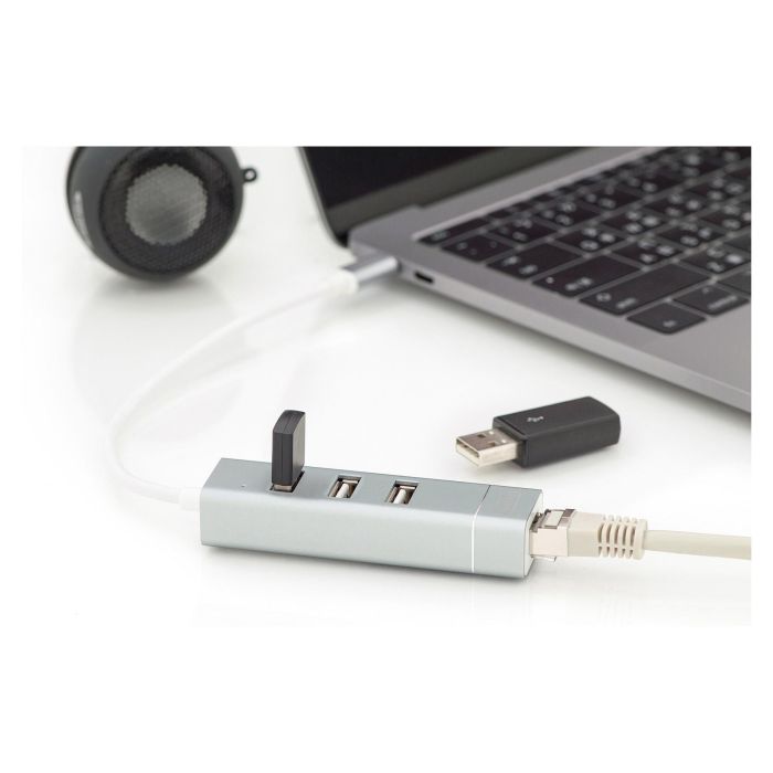 Digitus Adaptador USB 2.0 a RJ45 Ethernet y Hub de 3 Puertos, Conexión Type-C, Aluminio