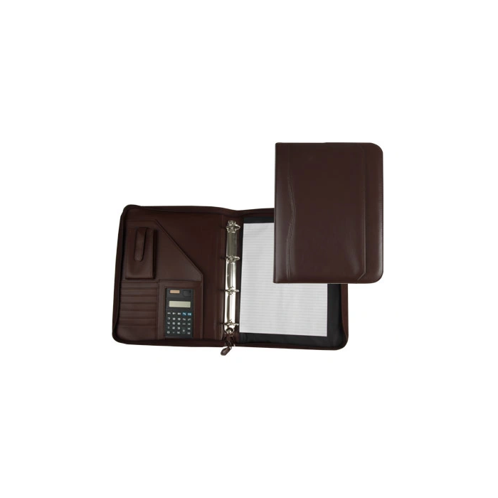 Q-connect Carpeta Portafolios Cremallera 4 Anillas 20mm con Calculadora y Bolsa Móvil, Marrón, Formato A4 (260x355 mm)