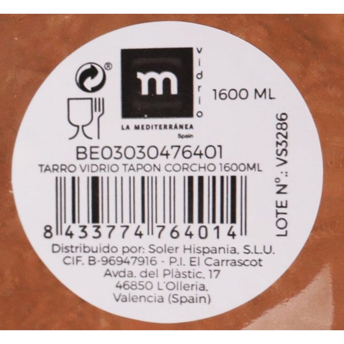 Tarro de vidrio con tapón de corcho 1600 ml - La Mediterranea (8 Unidades) 7 Tarro de vidrio con tapón de corcho 1600 ml - La Mediterranea (8 Unidades) 7