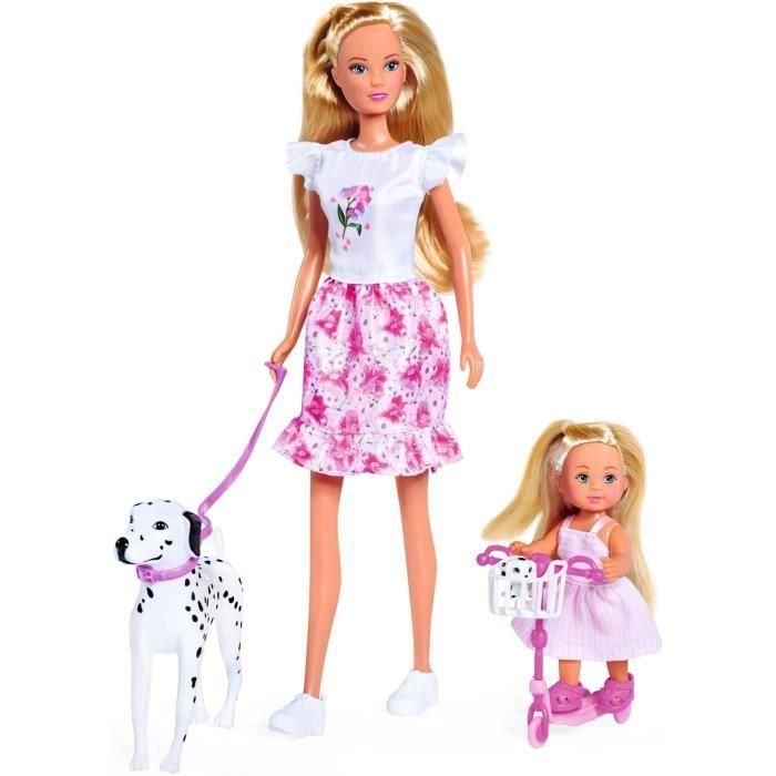 Steffi Love Muñeca Dálmata + Evi Love - 2 muñecas de 29 y 12 cm - 2 figuras Dálmatas - Patinete Evi - Edad 3 1