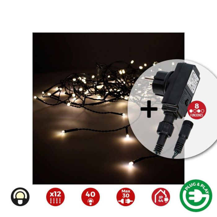 Cortina icicle con programador easy-connect multifunción 2x0,5m 12 tiras 40 leds blanco calido