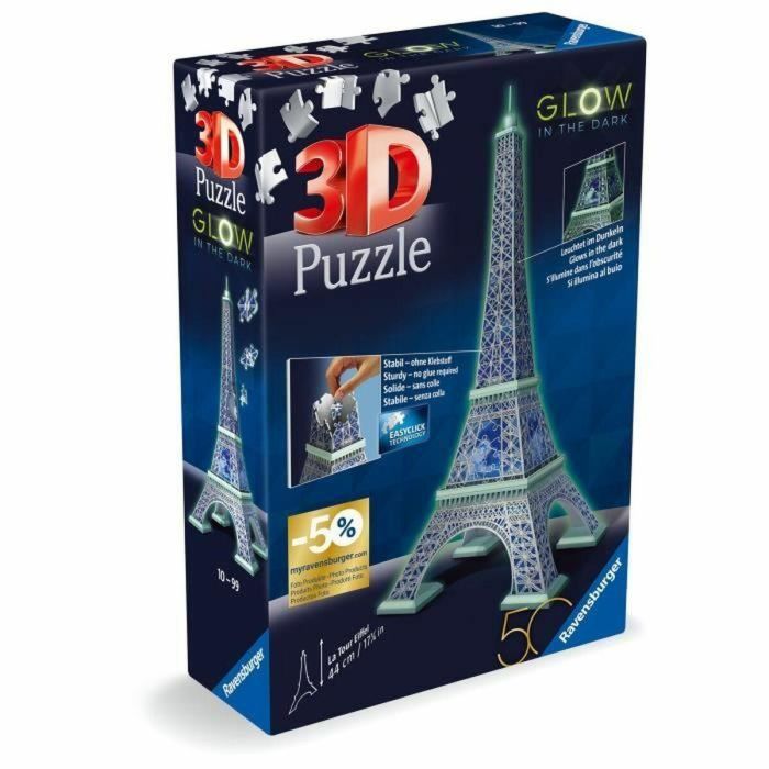 Ravensburger - Puzzle 3D Torre Eiffel Fosforescente 50 años - A partir de 10 años - 216p numerados para montar sin pegamento - Accesorios incluidos - 11591 1