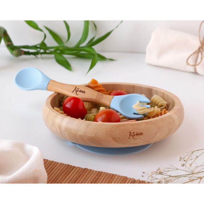 Set Vajilla Silicona Y Bambú Azul Con Cuchara-Tenedor Set Vajilla Silicona Y Bambú Azul Con Cuchara-Tenedor