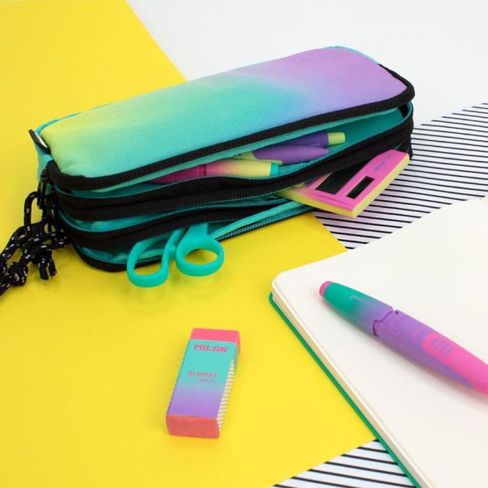 Milán Estuche Portatodo Sunset con 3 Cremalleras, Verde-Lila, 22x11x6,5cm - Ripstop Poliéster 3 Milán Estuche Portatodo Sunset con 3 Cremalleras, Verde-Lila, 22x11x6,5cm - Ripstop Poliéster 3