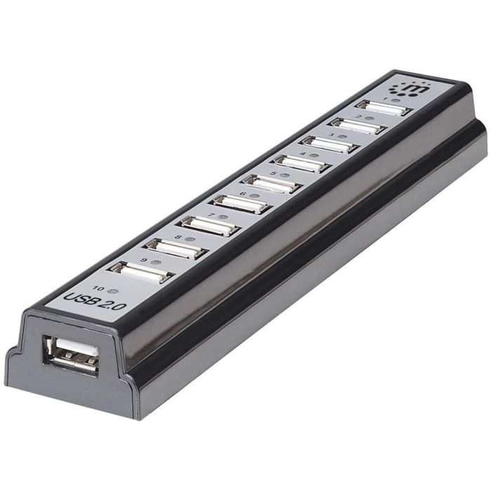 MANHATTAN Hub USB 2.0 de Escritorio 10 Puertos, Alta Velocidad 480 Mbit/s, Color Negro y Plata
