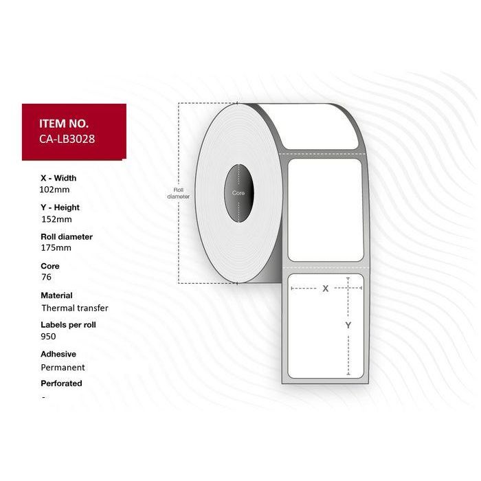 Capture Label 102 x 152 Core 76 Ø 175 mm. White. TT. Permanent. 950 labels per roll. 4 rolls per box. Capture Label 102 x 152 Core 76 Ø 175 mm. White. TT. Permanent. 950 labels per roll. 4 rolls per box.
