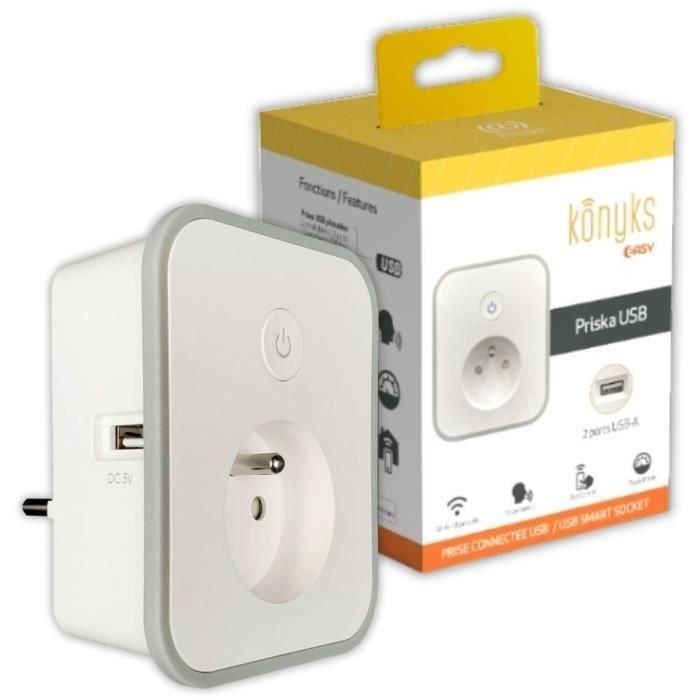 Toma conectada - KONYKS - Priska - USB FR - Wifi + Bt - 16 A con 2 tomas USB-A - Contador de consumo - Compatible con Alexa / Google Home