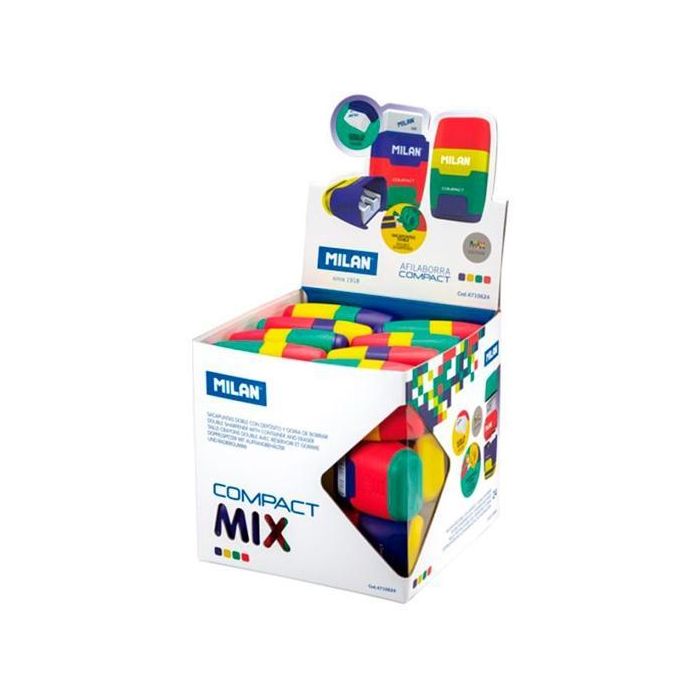 Milan Afilaborra Compac Mix Cubo Expositor 24 Ud - Goma de borrar y sacapuntas doble, 4 colores surtidos Milan Afilaborra Compac Mix Cubo Expositor 24 Ud - Goma de borrar y sacapuntas doble, 4 colores surtidos