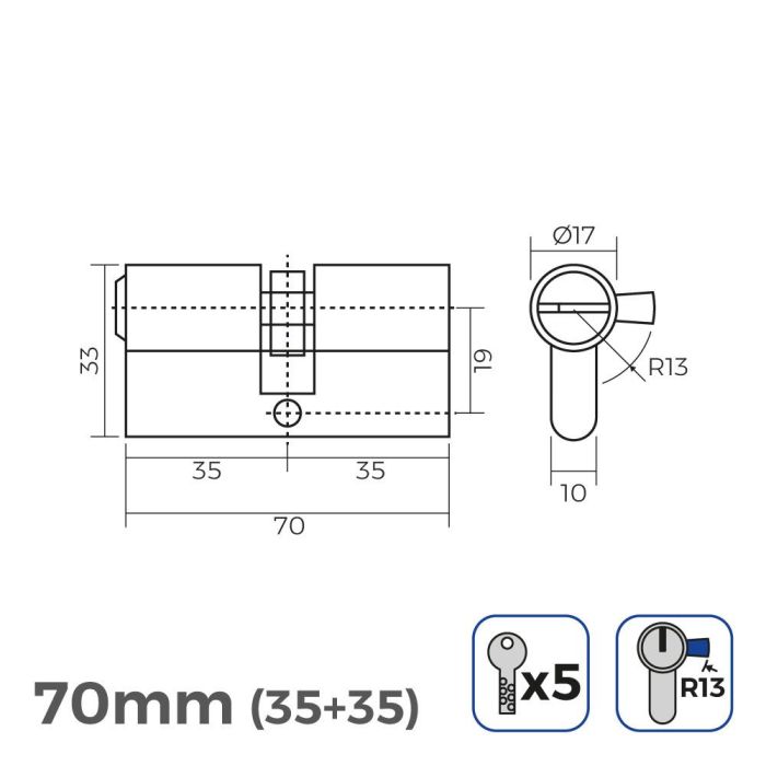 Cilindro 70mm (35+35mm) niquelado, leva corta r13 con 5 llaves seguridad incluidas 1