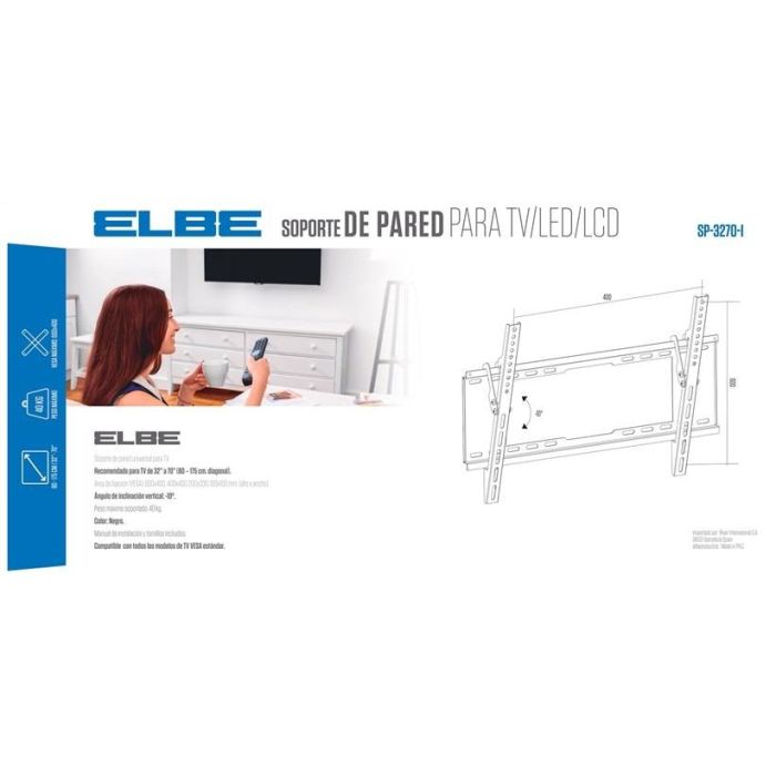 Elbe SP-3270-I Soporte Pared Inclinable para TV 32'-70' Hasta 40kg, Incl. 10º, Compatible VESA 200x200 a 600x400, Negro 2 Elbe SP-3270-I Soporte Pared Inclinable para TV 32'-70' Hasta 40kg, Incl. 10º, Compatible VESA 200x200 a 600x400, Negro 2