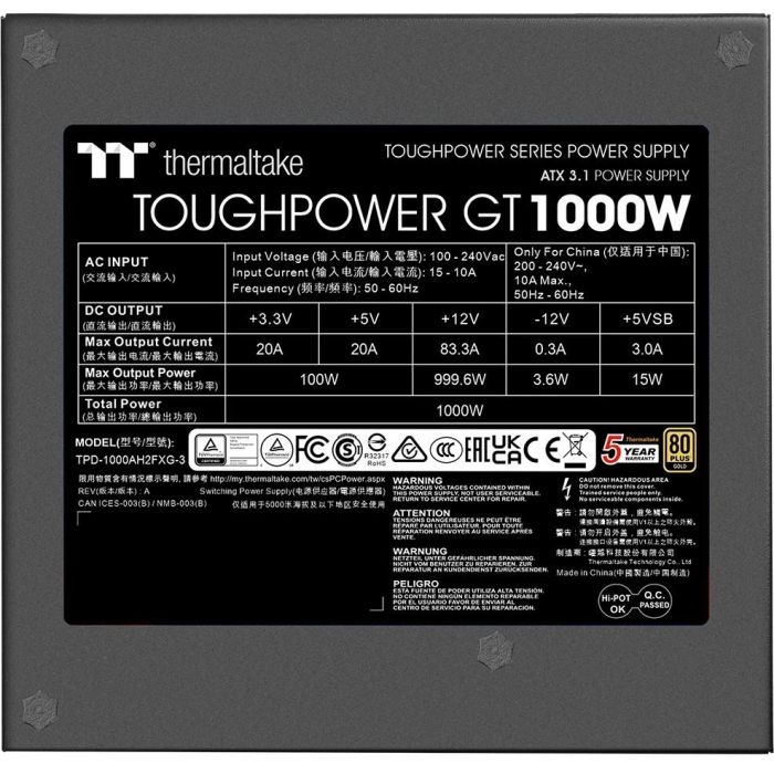1000W Thermaltake Toughpower GT 1000W ATX3.1/GEN5 80+G BK 1 1000W Thermaltake Toughpower GT 1000W ATX3.1/GEN5 80+G BK 1