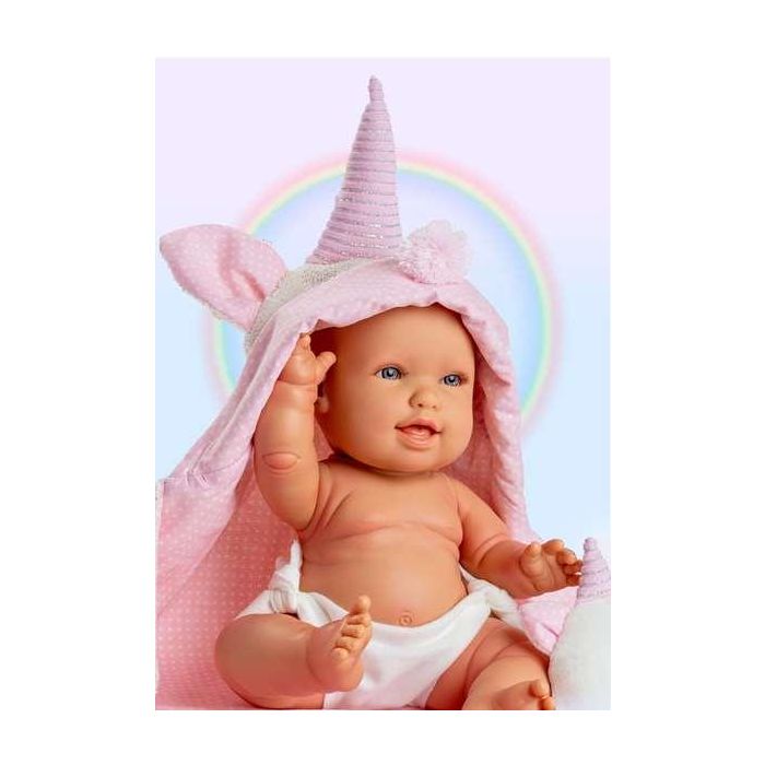 Berjuan Muñeca Baby Unicornio Andrea con Toquilla y Peluche 38cm para Niños +3 Años 1