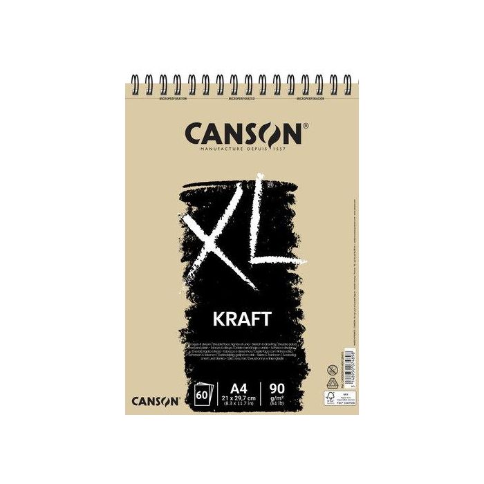 Bloc De Dibujo Canson Xl Kraft Con Espiral Papel Verjurado A4 90G 60H (Set de 5)