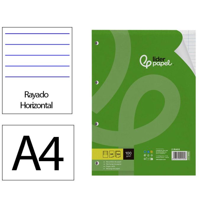 Recambio Liderpapel A4 100 Hojas 100 gr-M2 Horizontal Con Doble Margen 4 Taladros 24 unidades