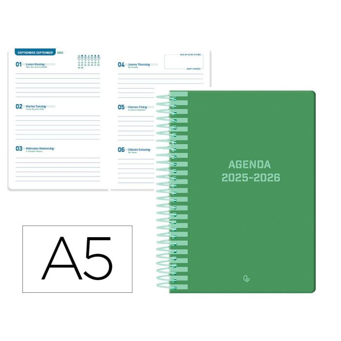 Agenda Escolar Liderpapel 25-26 Espiral Classic Verde Semana Vista A5 Bilingüe Papel Fsc 70 gr
