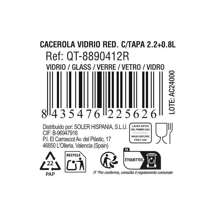 Quttin Cacerola Redonda de Vidrio con Tapa 2.2 + 0.8 Litros, 26.5 x 23 x 11 cm (3 Unidades) 6
