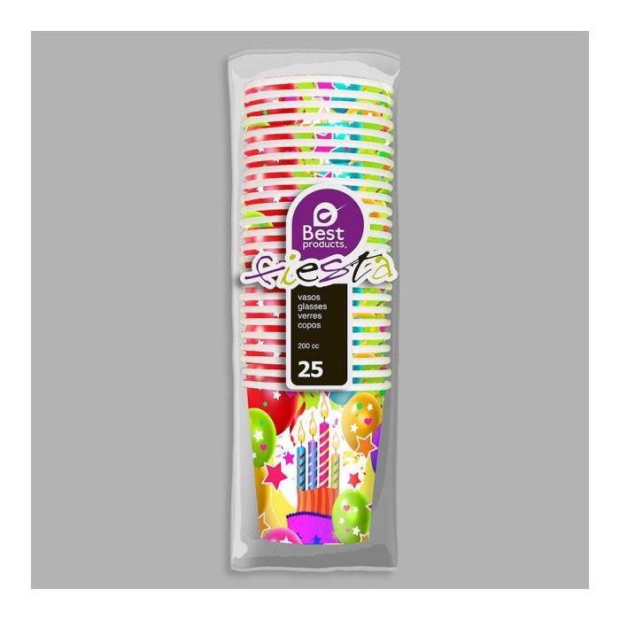 Best Products Bolsa con 25 vasos de cartón diseño globos y velas 200cc 1